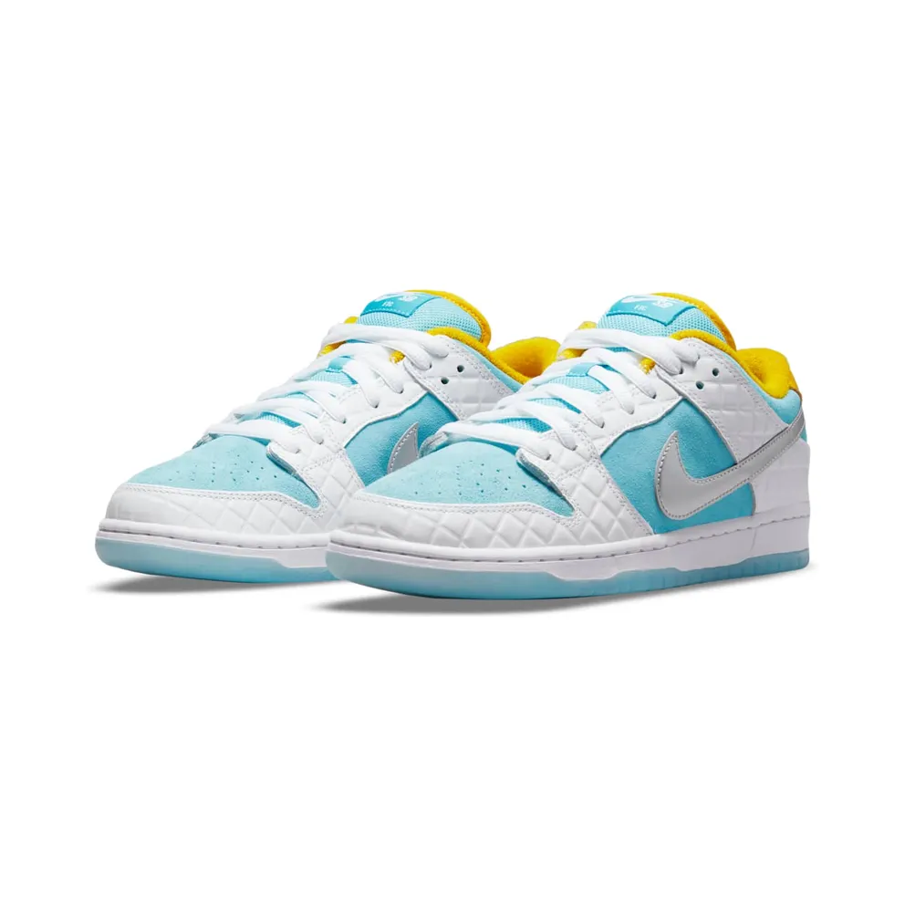 Nike x FTC SB Dunk Low (2021) – “White / Lagoon Pulse-metallic Silver-speed Yellow” (DH7687-400)