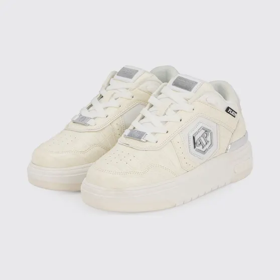 Philipp plein SK8R Low-Top Sneakers in Leather and Mesh with Croc Print and Hexagon Logo White (PAFSUSC0962PTE003N01)