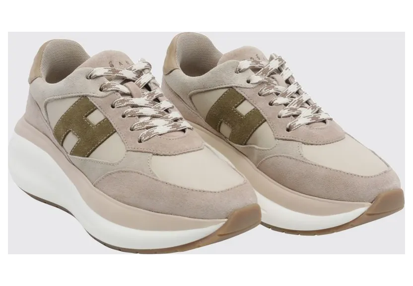 Hogan Maxi I Active Leather and Suede Sneakers with Chunky Sole Beige (HXW7140GA40QDC0R1R)