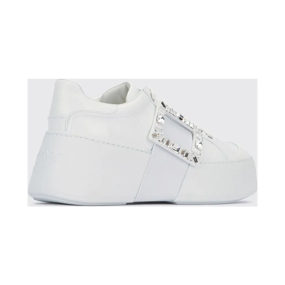 Roger Vivier Viv’ Skate Calf Leather Trainers with Jewel Buckle and Platform Sole White (RVW73729110LXQB001)