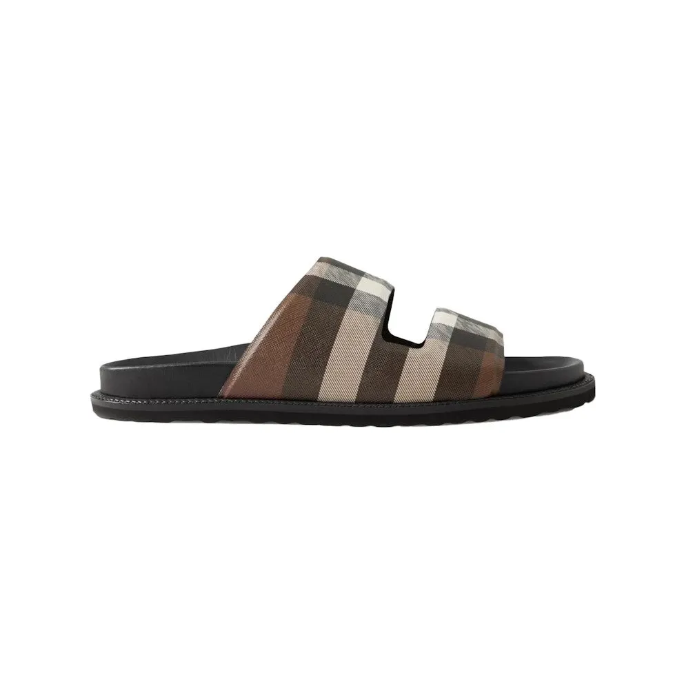 Burberry Check Cotton Canvas Slides Dark Birch Brown (80648091)