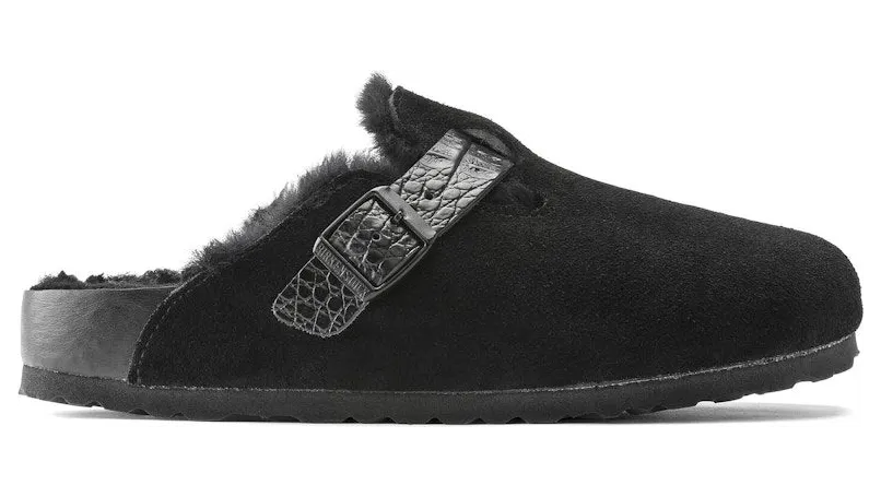 Birkenstock Boston Shearling Suede Reptile Embossed Strap Black (1021009)