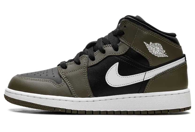 Jordan 1 Mid GS “Black White Olive” (DQ8423-092)