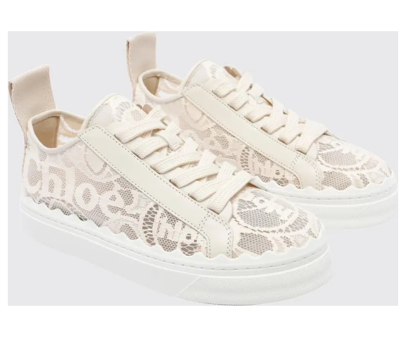 Chloé CHLOÉ Lauren Lace and Leather Platform Sneakers with Logo Beige (CHC19U108D26J1)