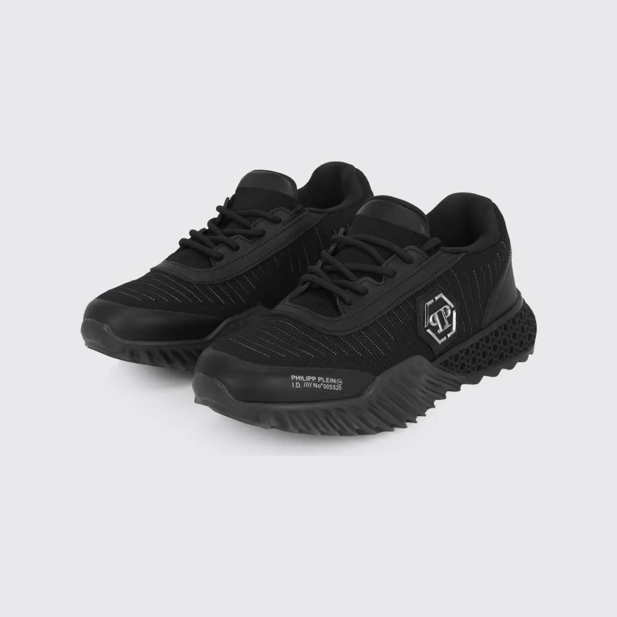 Philipp plein Hexagon Runner Low-Top Sneakers in Leather and Knit with Monogram Black (LABSUSC0079PTE003N02)