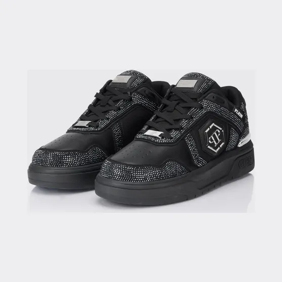 Philipp plein SK8R Leather Sneakers with Applied Rhinestones Black (SAFSUSC0923PTE003N0202)
