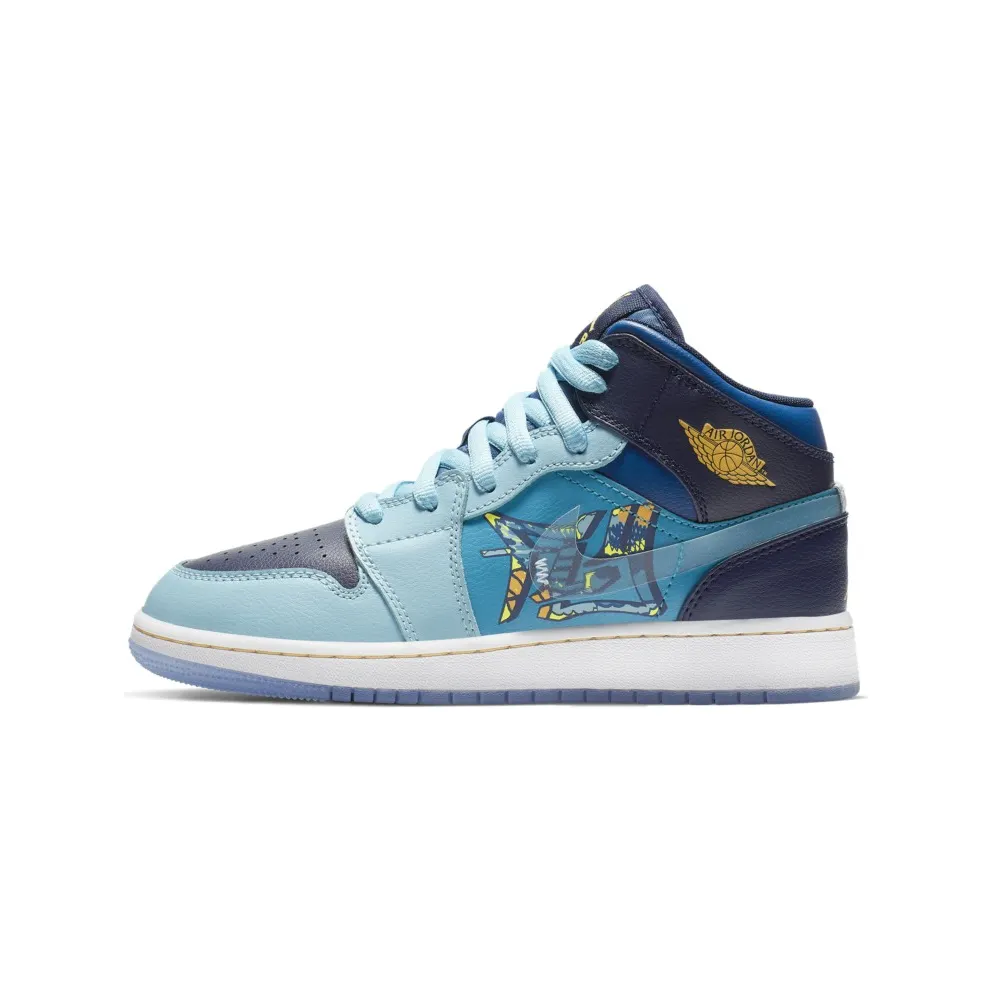 Jordan 1 Mid Fly (GS) Blue Void/Clear-Team Royal-Blue Lagoon-Blue Gaze-Off White (BV7446-400)