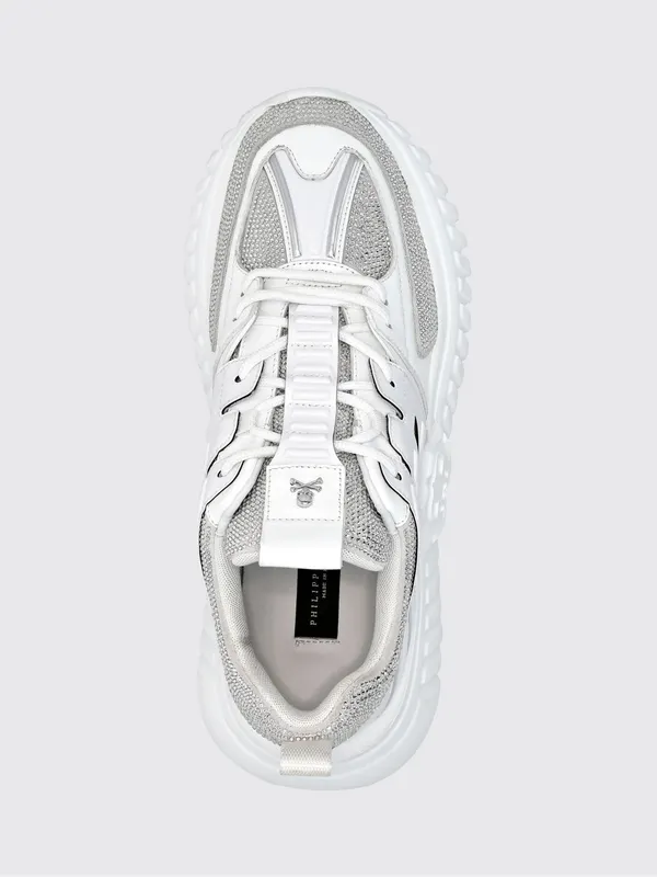 Philipp plein Leather Low-Top Sneakers with Rhinestones and Hexagon Logo White (PACSUSC0463PLE075N01) (3)