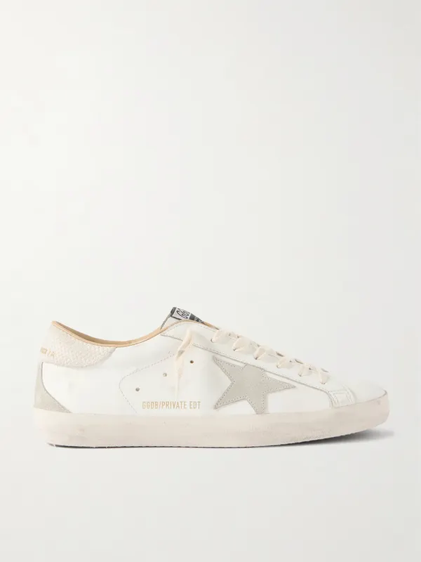 Golden Goose Super-Star Distressed Suede-Trimmed Leather Sneakers White (GMF01119.F008830)