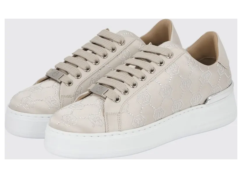 Philipp plein Satin Sneakers with Rhinestone Hexagon Beige (PAESWSC2767PTE028N06)