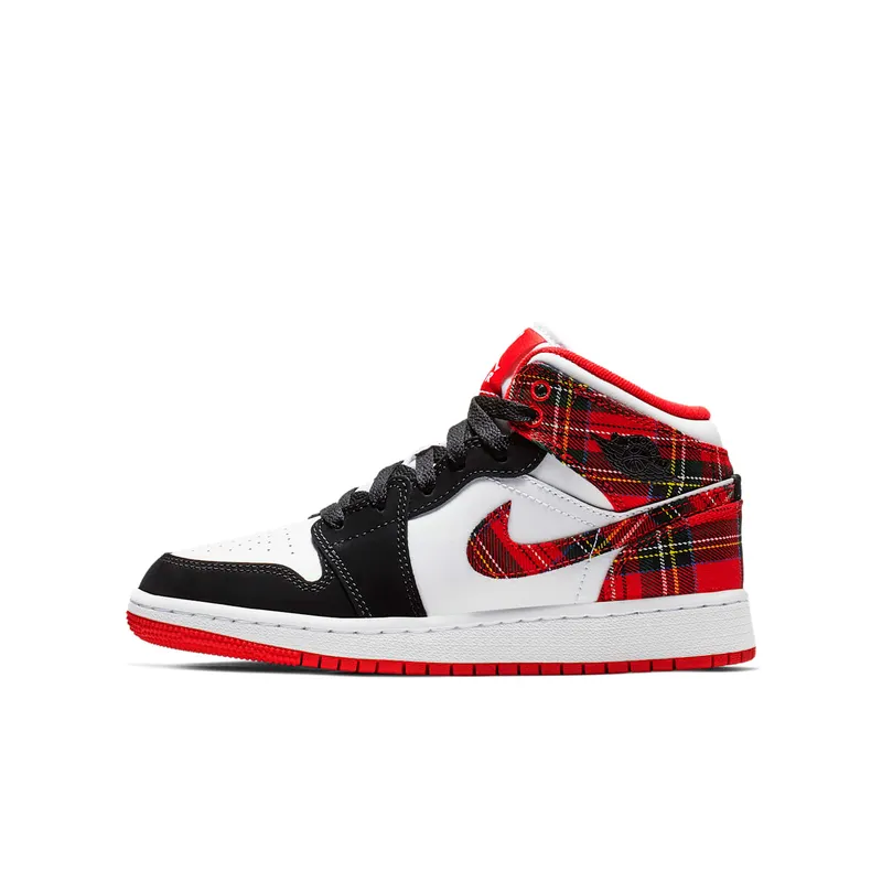 Jordan 1 Mid White Plaid (GS) Habanero Red/Black-White (554725-607)