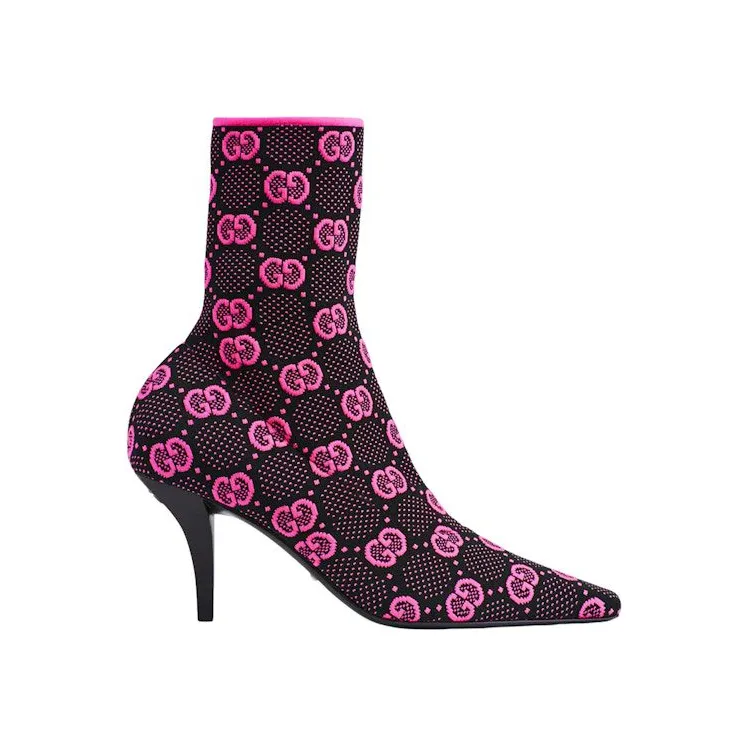 Gucci GG 75mm Knit Ankle Boots Black Fluorescent Pink Fabric (718378 FAAQP 8610)
