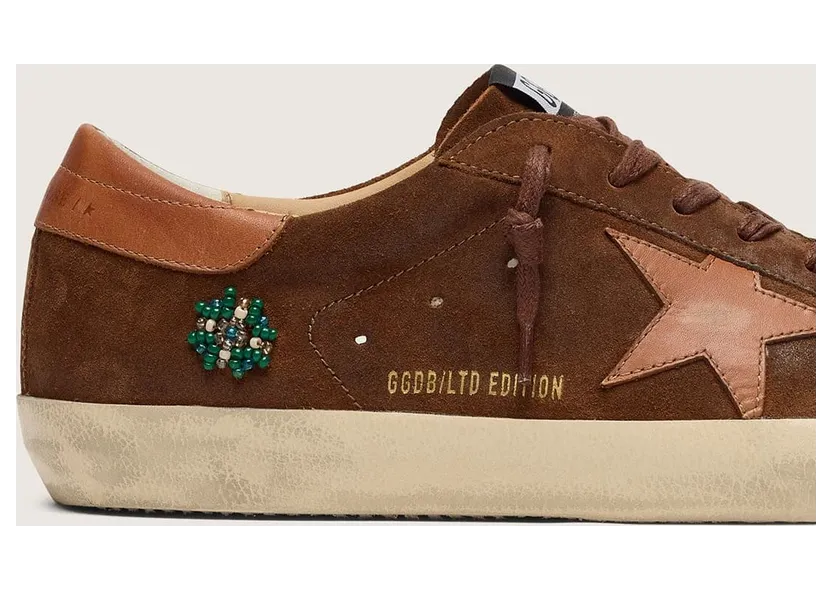 Golden Goose Men’S Super-Star Ltd In Brown Suede With Brick-Red Leather Star And Embroidery With Green Beads (GMF00101.F008592.55788) (4)