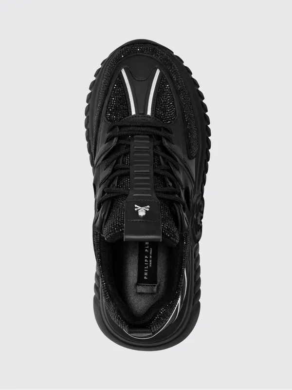 Philipp plein Leather Low-Top Sneakers with Rhinestones and Hexagon Logo Black (PACSUSC0463PLE075N02) (3)