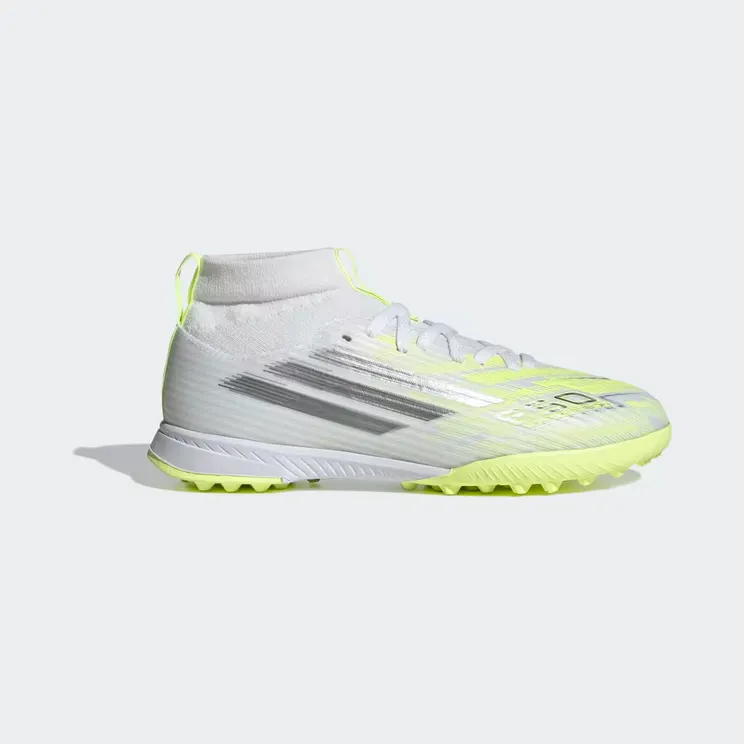 adidas F50 Sparkfusion League Mid Cut Turf Football Shoes Kids “Cloud White / Iron Metallic / Hi-Res Yellow” (JR1828)