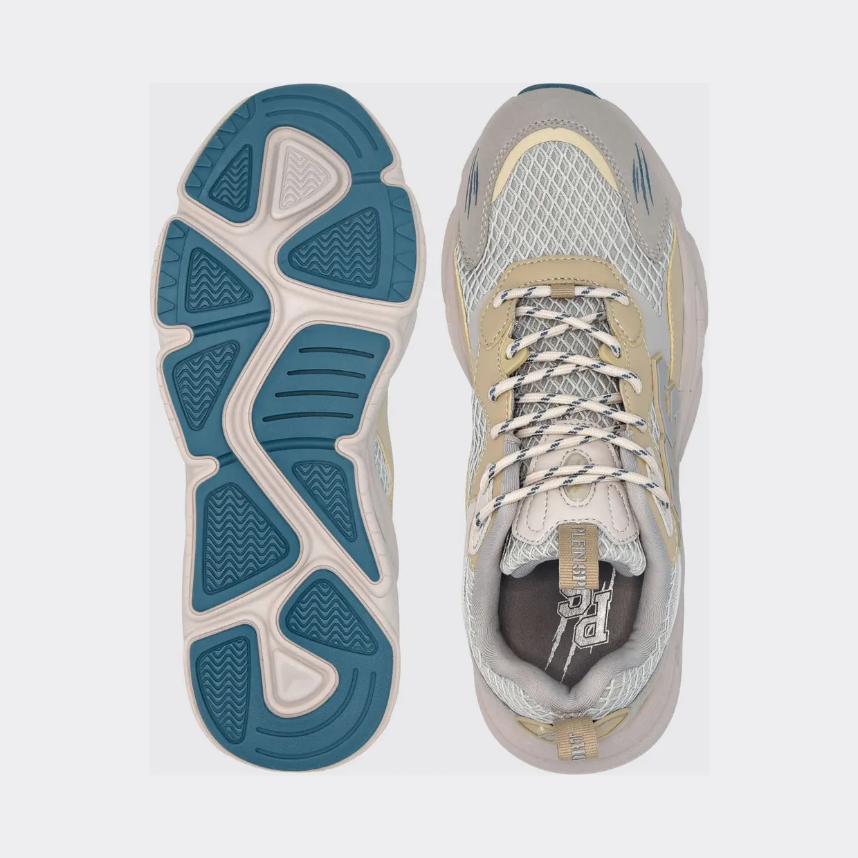 Plein Sport Leather and Mesh Low-Top Trainers with Contrast Monogram Beige (SAESUSC0743STE003N0610) (3)
