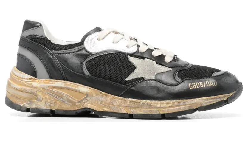 Golden Goose Dad-Star Sneakers aus schwarzem und silbernem Mesh und Nappaleder mit eisgrauem Stern (GMF00884F003270)