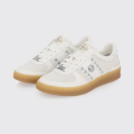 Philipp plein Retro Rebel Perforated Leather Sneakers with Applied Stars White (PAFSUSC0947PLE005N01)