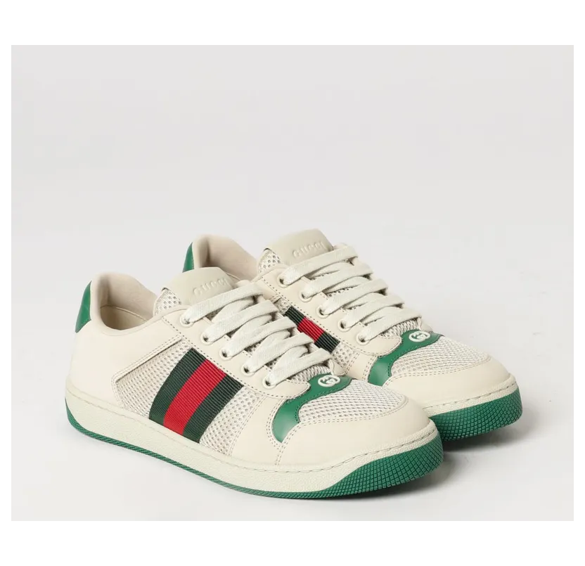 Gucci Screener Low-Top Leather and Mesh Sneakers with Web Stripe Ivory (A000N1FAGAT9545)