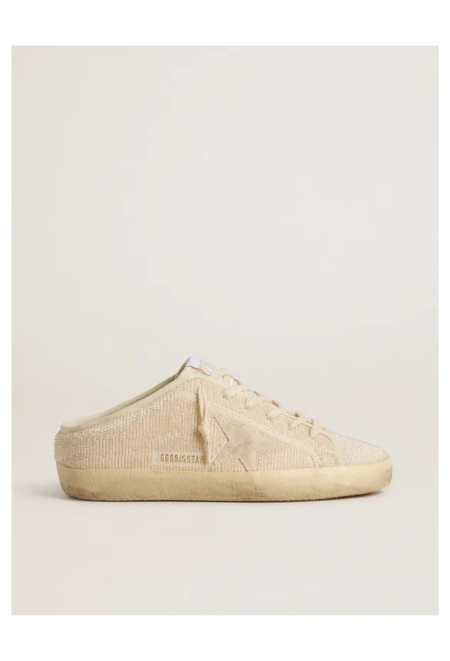 Golden Goose Super-Star Sabot In Beige Canvas With Embroidered Beads And Beige Suede Star (GWF00110.F007261.65221)