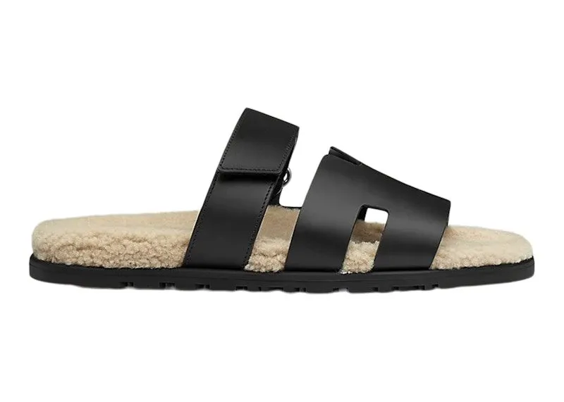 Hermes Chypre Sandal Noir Leather Woolskin (M) (H212890Z)