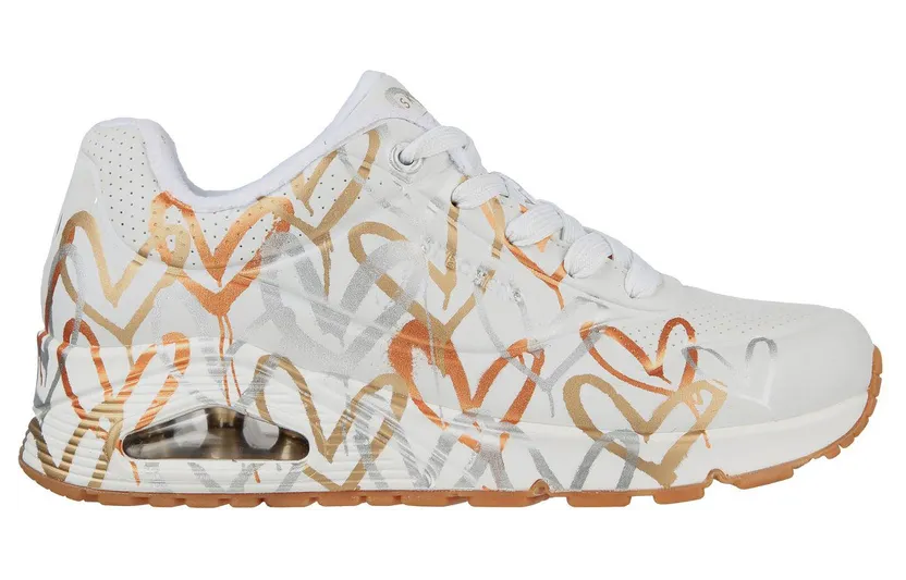 Skechers x JGoldcrown: UNO – Metallic Love Sneaker Wit/Goud