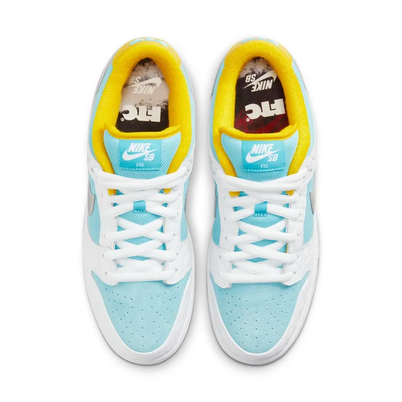 Nike x FTC SB Dunk Low (2021) – “White / Lagoon Pulse-metallic Silver-speed Yellow” (DH7687-400)