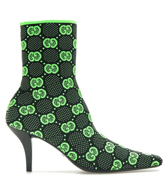 Gucci GG 75mm Knit Ankle Boots Black Fluorescent Yellow Fabric (718378 FAAQP 1004)