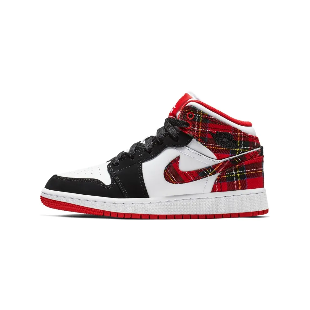 Jordan 1 Mid White Plaid (GS) Habanero Red/Black-White (554725-607)