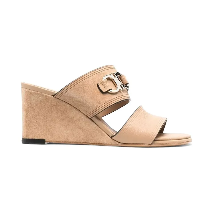 Ferragamo Chaim 75mm Suede Wedge Mules Beige Khaki (01C933751084)