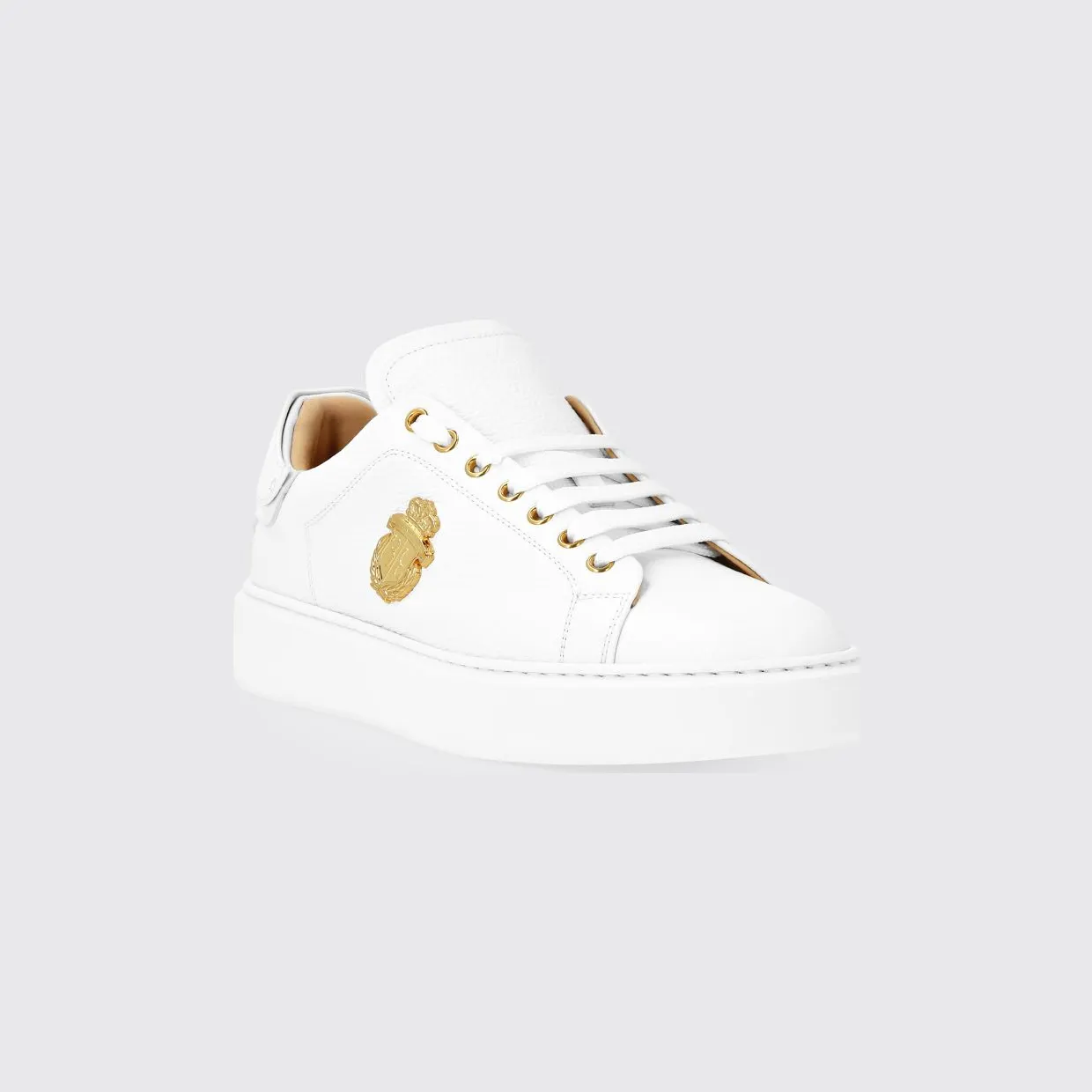 Billionaire Grained Leather Low-Top Trainers with Applied Logo and Rubber Sole White (RAESMSC4065BLE001N01)