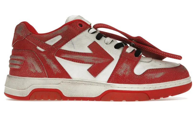 OFF-WHITE Out Of Office OOO Low Tops Red White Vintage Distressed Leather (OMIA189F22LEA0110125)
