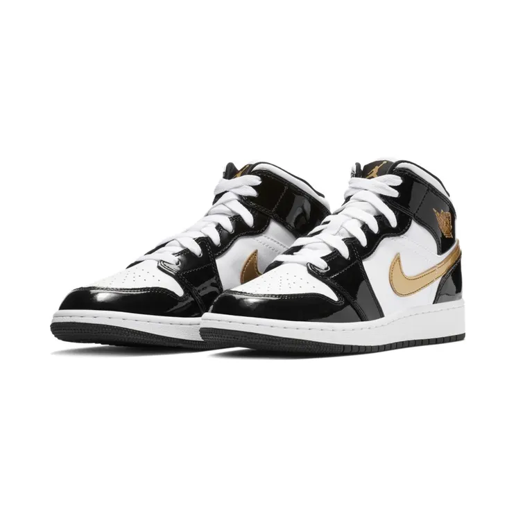 Jordan 1 Mid Patent Black White Gold (GS)