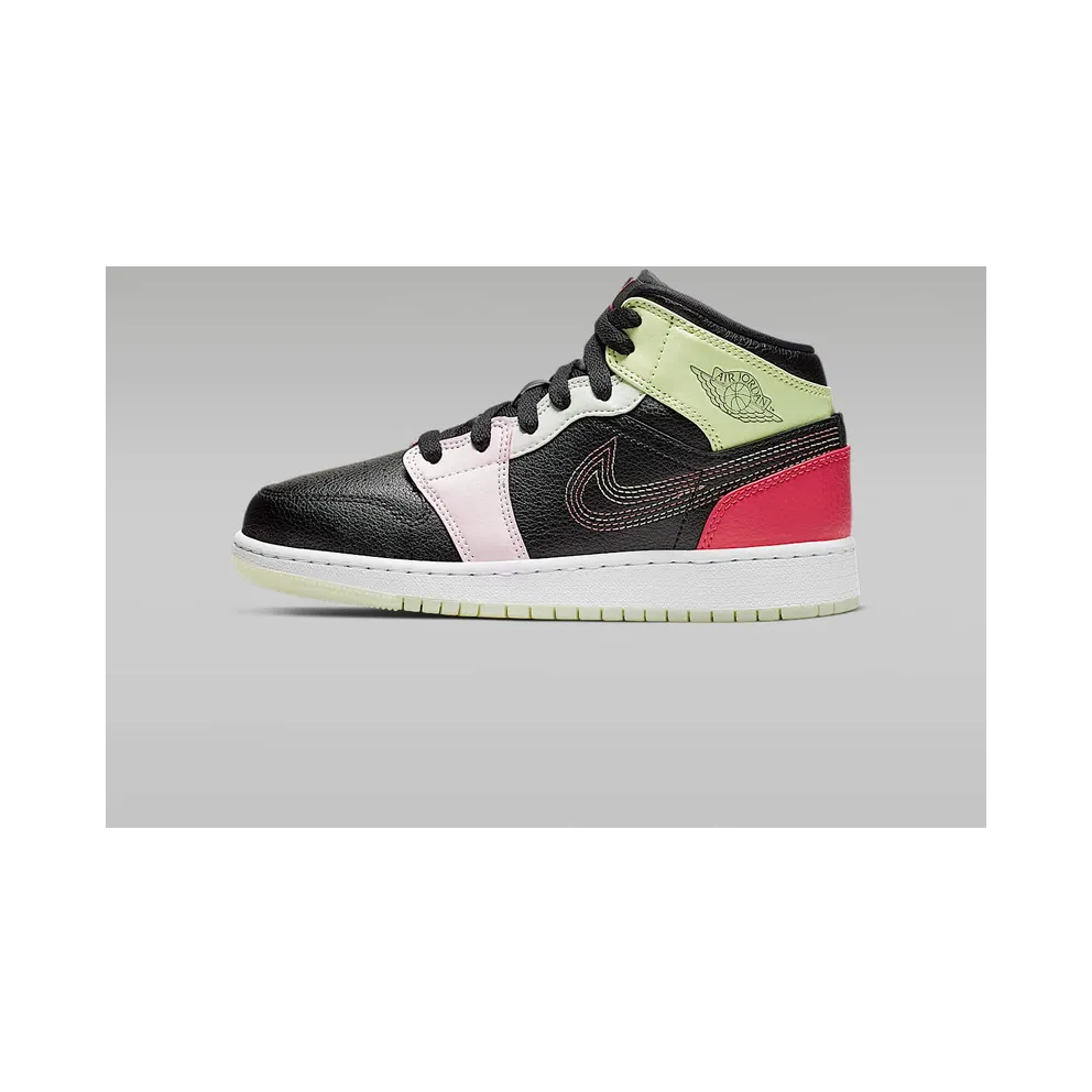 Jordan 1 Mid Glow-In-The-Dark (GS) Black/Ember Glow-Barely Volt-Light Soft Pink-Jade Aura (AV5174-076)