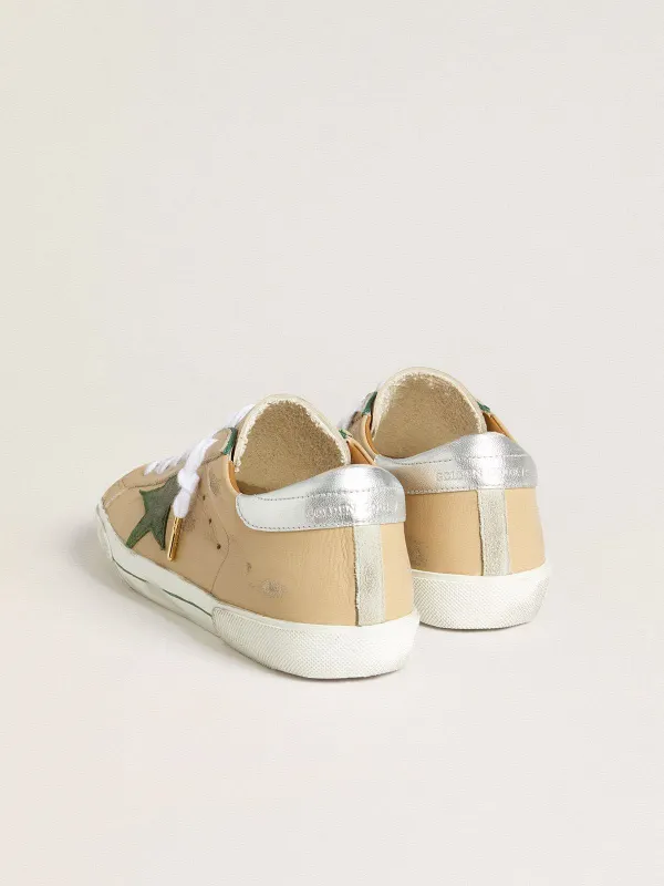 Golden Goose Super-Star Ltd In Beige Leather With Green Suede Star And Silver Foiled Leather Heel Tab (GMF00101.F007331.15766) (4)