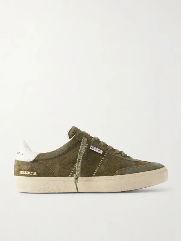 Golden Goose Soul Star Leather-Trimmed Distressed Suede Sneakers Army green (GMF00464.F008346)