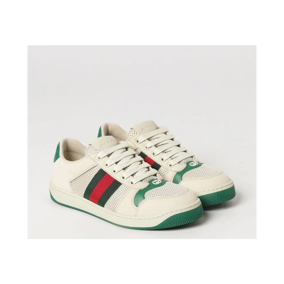 Gucci Screener Low-Top Leather and Mesh Sneakers with Web Stripe Ivory (A000N1FAGAT9545)
