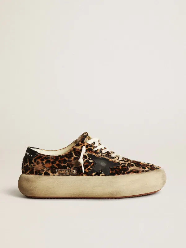 Golden Goose Space-Star In Leopard Print Pony Skin With Black Star (GWF00378.F003305.81472)