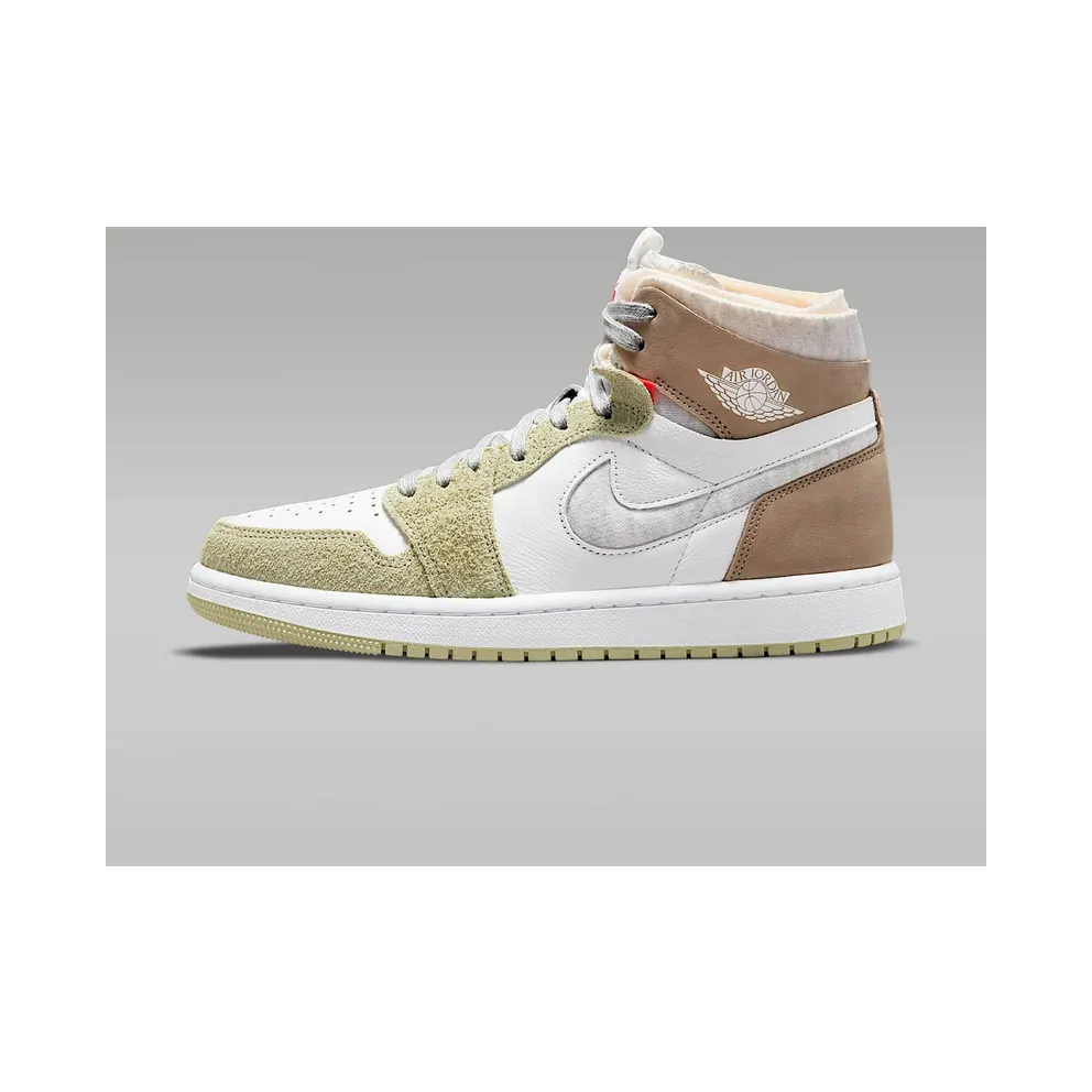 Jordan 1 High Zoom CMFT Olive Aura (W) – “White / Grey Heather-olive Aura-khaki” (CT0979-102)