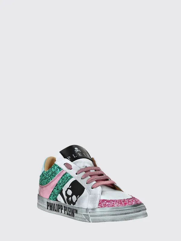 Philipp plein Skull in Leather and Glitter Fabric with Worn-Out Effect Turquoise (PABSWSC2589PLE010N22)