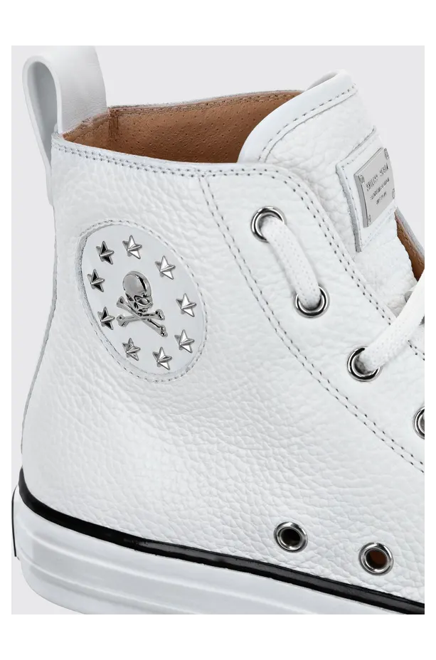 Philipp plein High-Top Hammered Leather Sneakers with Skull and Star Print White (PAASWSC2098PLE010N01) (2)