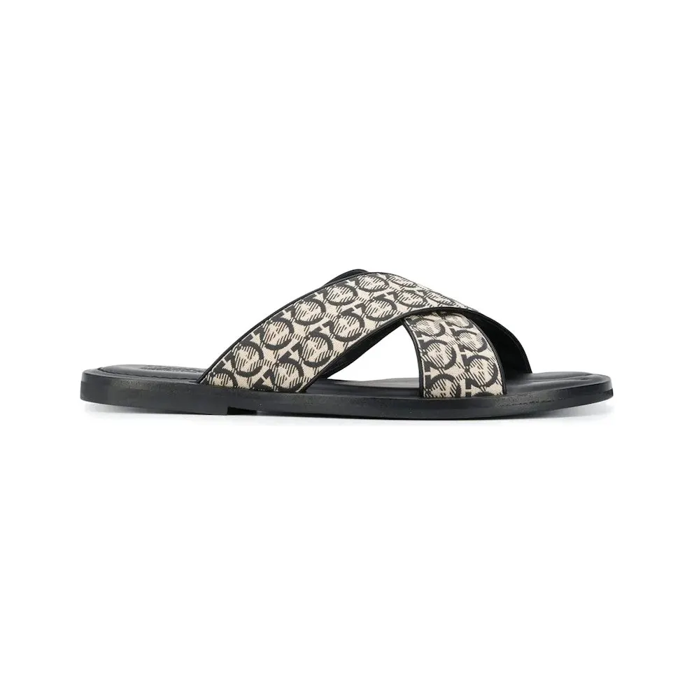 Ferragamo Gancini Printed Pool Slides Beige Black (02C320729628)