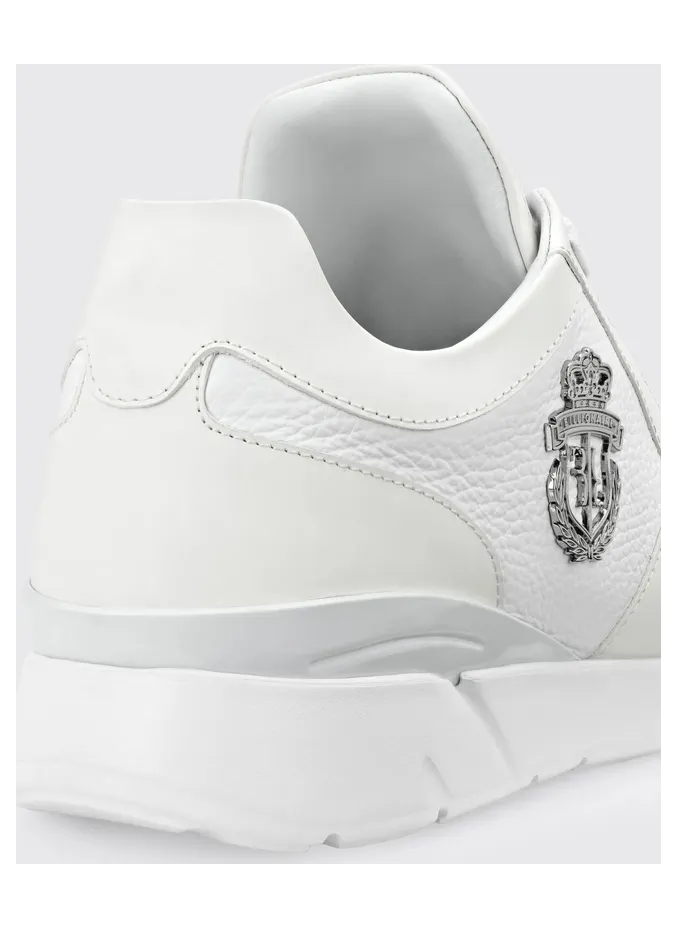 Billionaire Crest Runner Sneakers in Smooth and Grained Leather with Metallic Logo White (RAESMSC2890BLE001N01) (2)