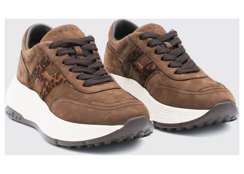 Hogan Hi-Fi Nubuck and Pony-Effect Leather Sneakers with Animal Print and Chunky Sole Brown (HXW6690FR30VH80R1D)