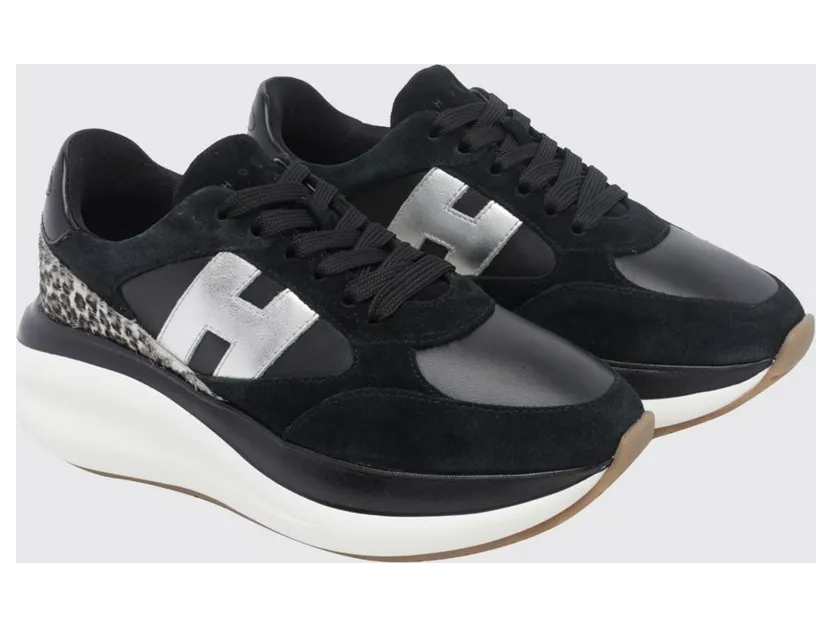 Hogan Maxi I Active Suede and Pony-Effect Leather Sneakers with Animal Print Black (HXW7140GA40VHM7234)