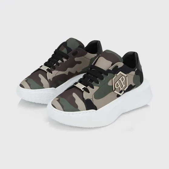 Philipp plein Camouflage Cotton Low-Top Sneakers with Chunky Sole and Hexagon Logo Military (A20SMSC3046PLE075N50)