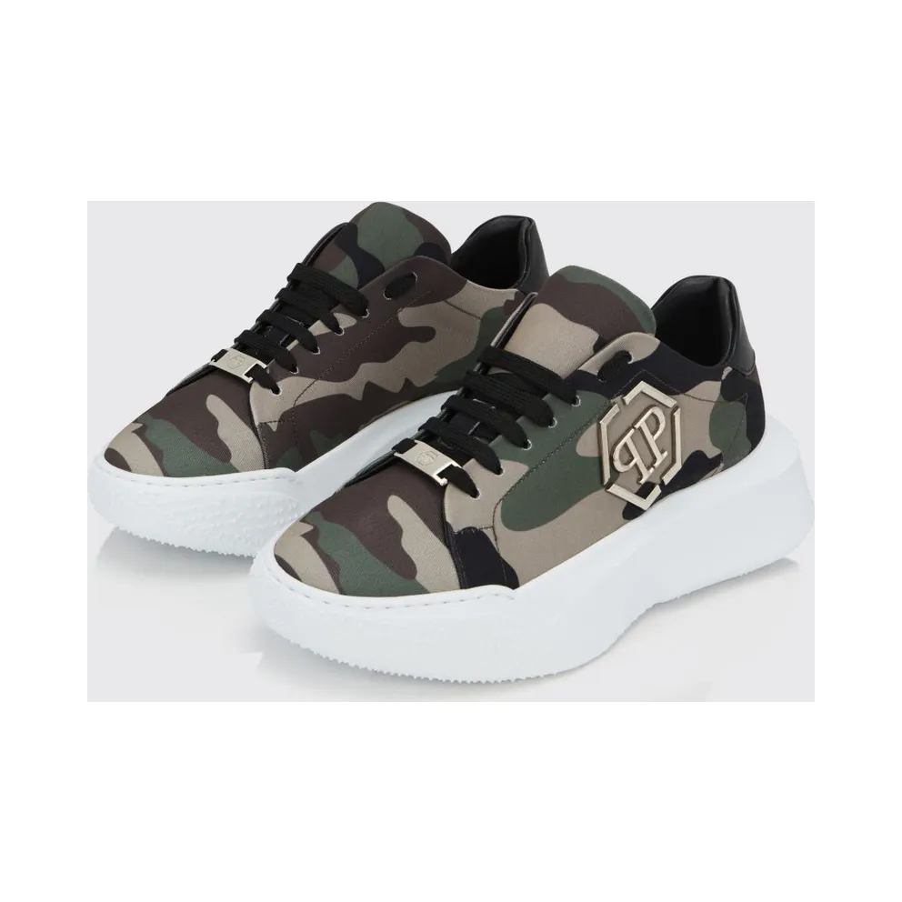 Philipp plein Camouflage Cotton Low-Top Sneakers with Chunky Sole and Hexagon Logo Military (A20SMSC3046PLE075N50)
