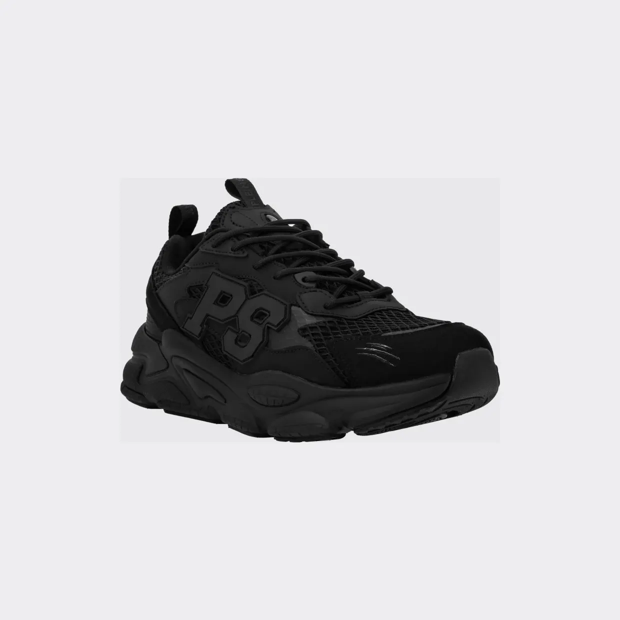 Plein Sport Leather and Mesh Low-Top Trainers with Contrast Monogram Black (SAESUSC0743STE003N0202)