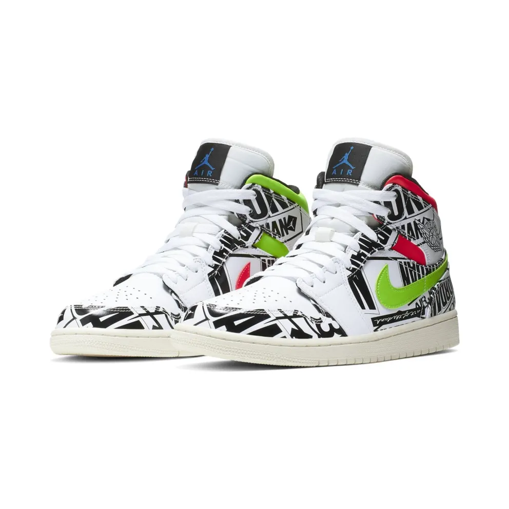 Jordan 1 Mid All Over Logos White/Racer Blue-Black-Cyber-Infrared 23-Sail (554724-119)