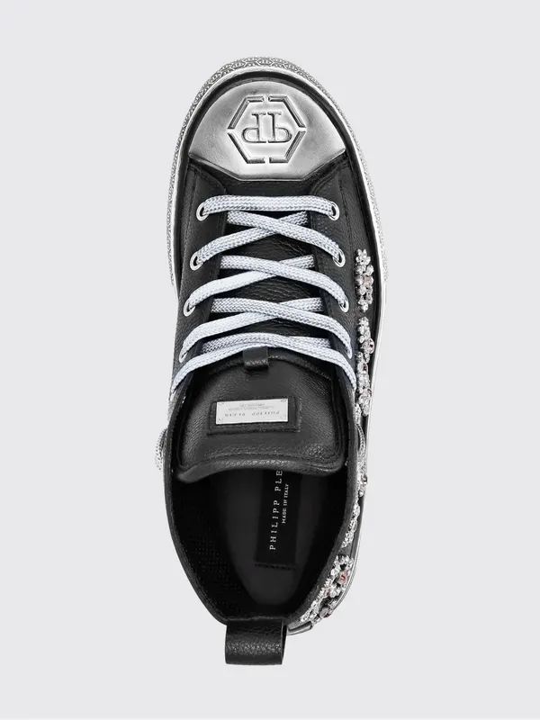 Philipp plein Grained Leather High-Top Sneakers with Rhinestones and Hexagon Logo Black (FAASWSC2177PLE010N02) (2)